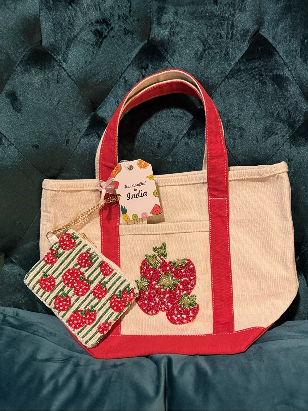NWT Handcrafted in India Strawberry Canvas Tote & Beaded Pouch Set Red